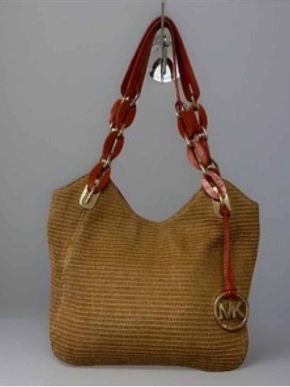 Michael Kors Tan Woven Shoulder Bag with Hot Pink Strap
